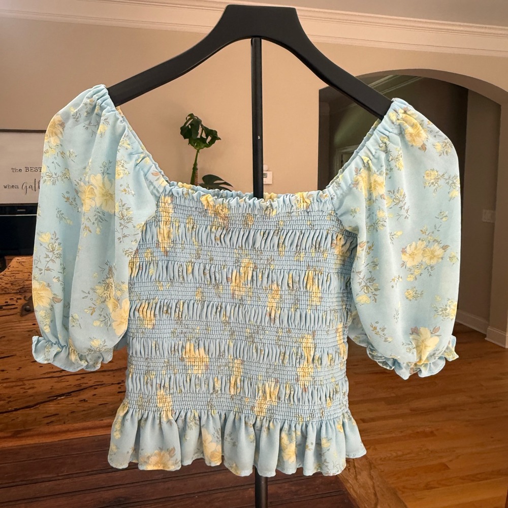 WAYF Womens Blue Floral Smocked Puff Sleeve Top Square Neck XS Cottagecore